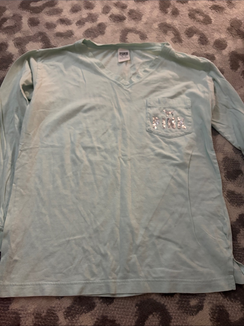 PINK Victoria's Secret Mint Long-Sleeve V-Neck Top with Sequin Pocket